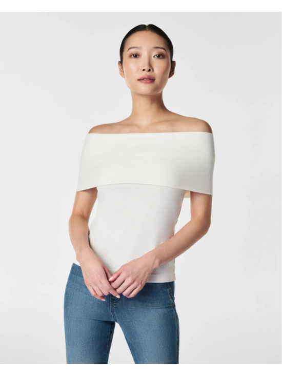 Spanx Tops - NWT Spanx Women’s Sz L Cream Powder Off The Shoulder Ribbed Stretch Bridal Chic